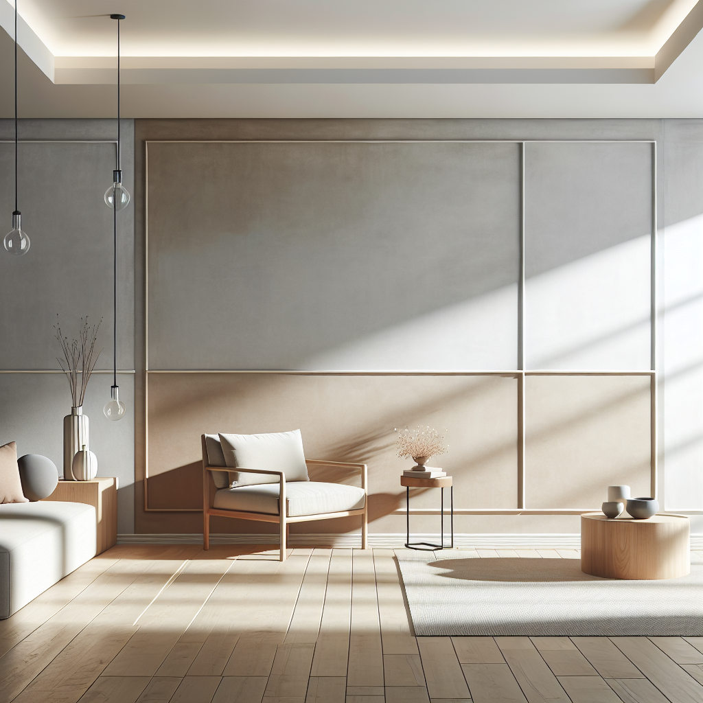 Create a photorealistic image that perfectly captures the essence of a modern, clean, and professional stucco work on an interior or exterior wall. The wall should follow a minimalist Dutch home aesthetic and be painted in a neutral color palette featuring shades of white, beige, and grey. The image should exhibit realistic lighting that enhances the high-quality finish of the stucco, giving an overall ambiance of meticulous craftsmanship and modern simplicity. No text or watermarks should be present in the image, letting the stucco work speak for itself.