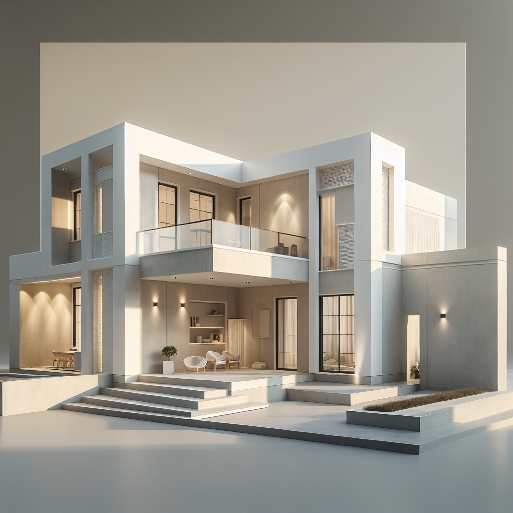 Create a photorealistic image showcasing a modern interior or exterior wall adorned with professional stucco work. The wall should be part of a Dutch home, designed in a clean and minimalist aesthetic. The color scheme should stick to neutral shades such as white, beige, and grey. It should also include realistic lighting conditions, highlighting the fine details of the stucco work and the overall architectural design, perfectly capturing the essence of a Dutch construction stucco. No text or watermarks should be present in the image.