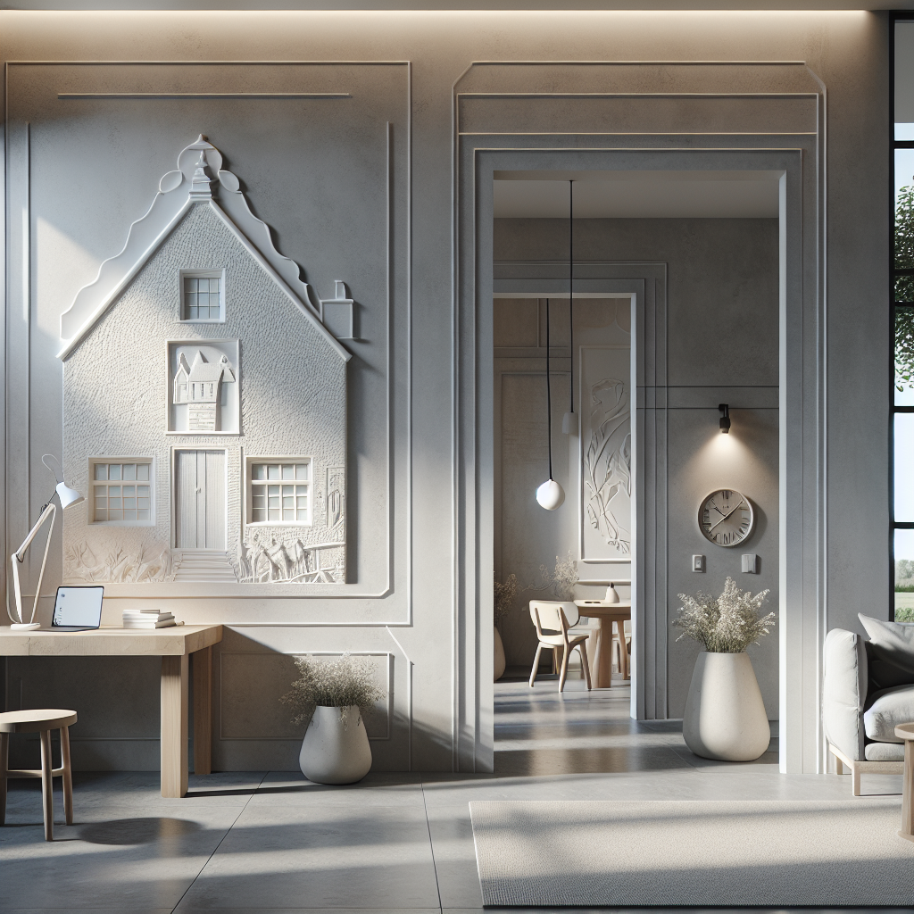 Create a professional photorealistic image for a Dutch construction/stucco topic. The image should illustrate a clean and modern interior or exterior wall, exhibiting high-quality professional stucco work. The setting should have a minimalist aesthetic common to Dutch homes. Incorporate neutral colors in the design such as white, beige, and grey. The scene should portray realistic lighting that emphasizes the stucco's texture and quality. Ensure there is no text or watermarks present in the image.