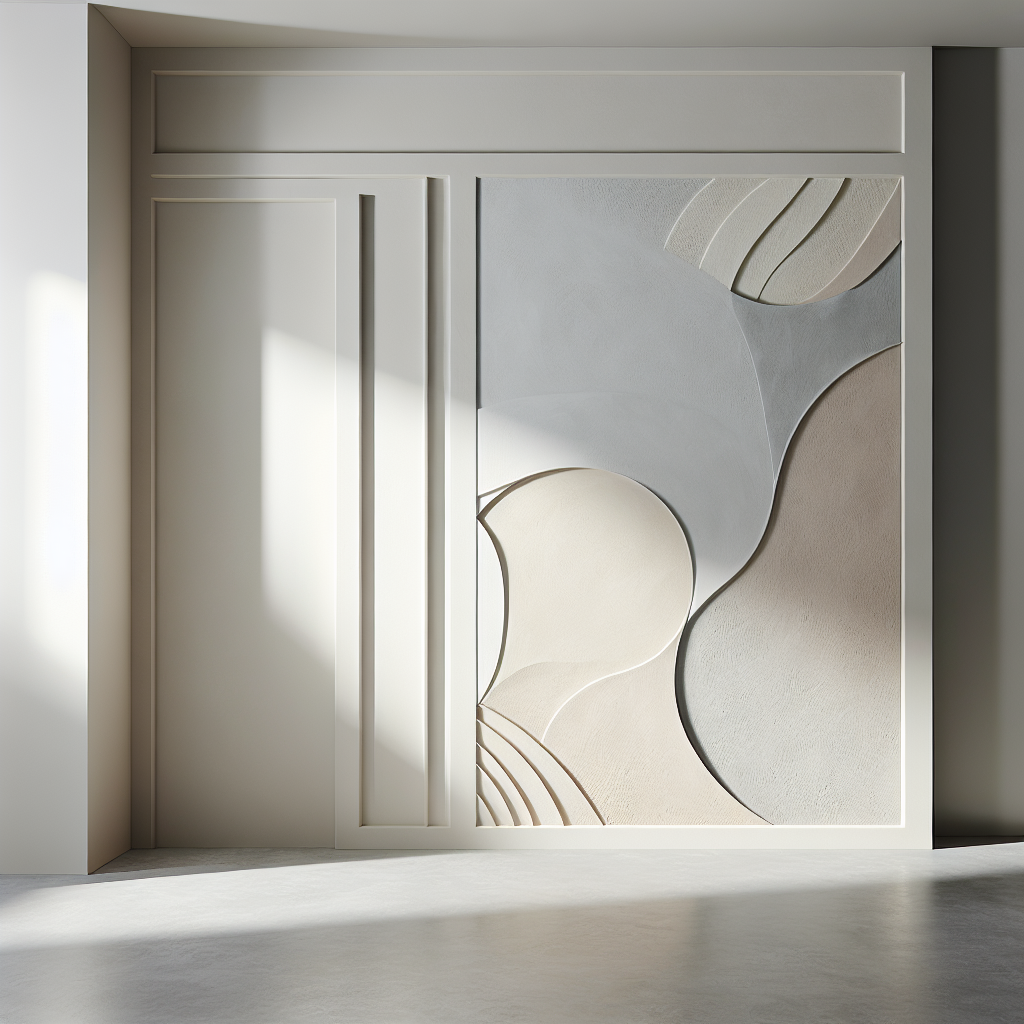 A photorealistic depiction of a clean, modern interior or exterior wall with expertly applied stucco work showcasing neutral colors like white, beige, and grey. The wall is part of a minimalist Dutch home, demonstrating the unique aesthetics associated with contemporary Dutch architecture. The image should feature elements of professional craftsmanship and a pristine finish, indicative of high-quality construction work. The scene should include realistic lighting, casting shadows and highlights that accentuate the texture and finish of the stucco wall.