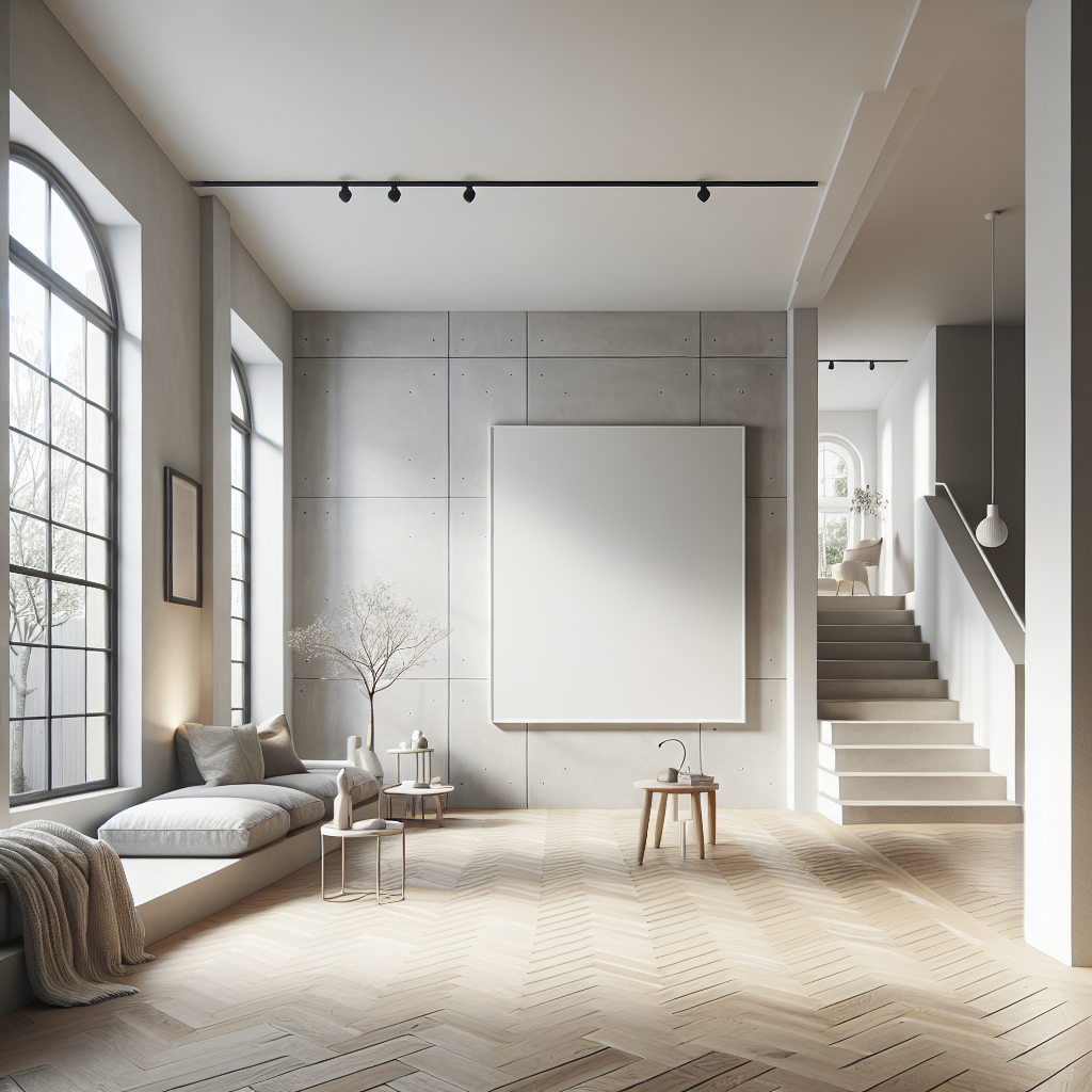 Create a professional, high-quality image showing a clean, modern interior or exterior wall set in a Dutch home. The focus should be on the professional stucco work on the wall, which should be portrayed in neutral colors such as white, beige, or grey. The setting should reflect a minimalist Dutch aesthetic complete with realistic lighting, rendering an ambiance that is sophisticated yet inviting. Ensure that the image has a photorealistic style and contains no text or watermarks.