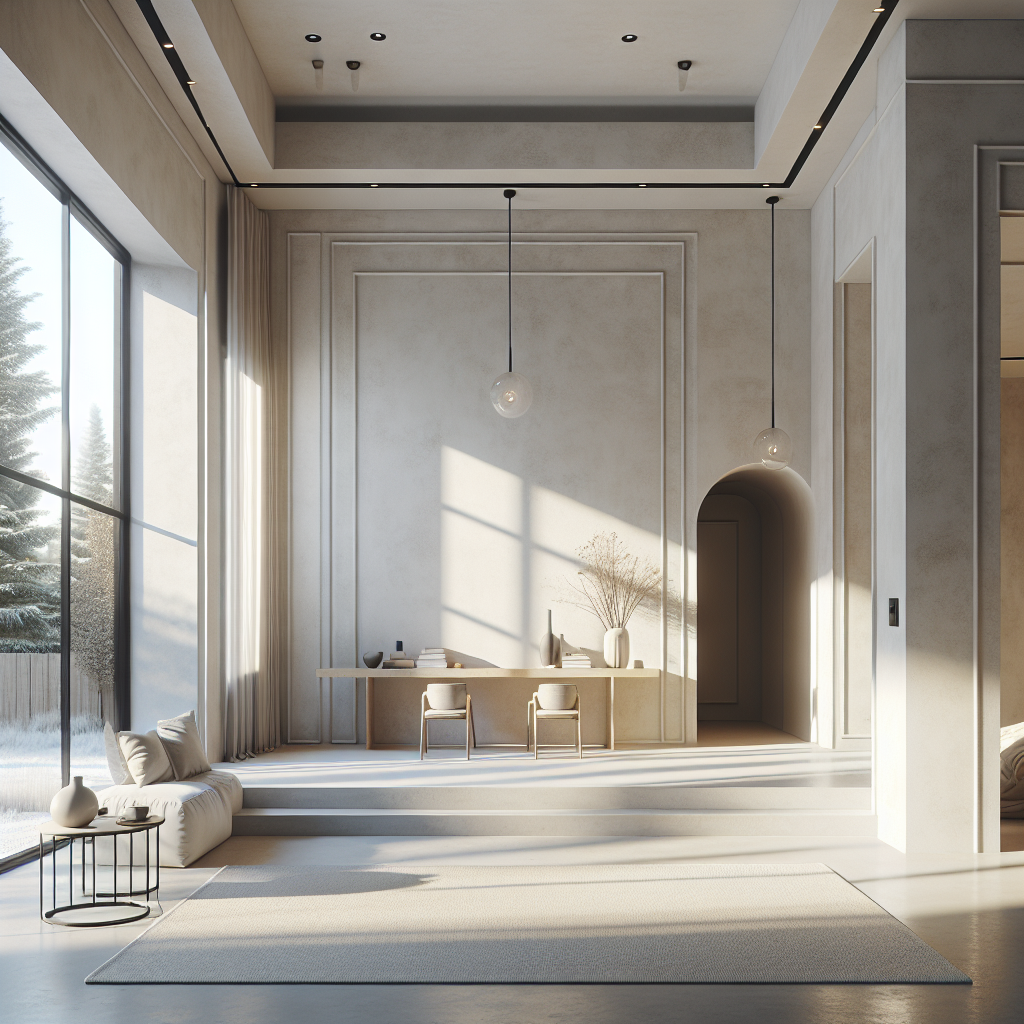 Generate a professional, high-quality image for a construction/stucco blog article. The visual should portray a clean, modern interior or exterior wall graced by expert stucco work, showcasing the minimalist aesthetic particular to Dutch homes. Colors should be limited to neutral hues such as white, beige, and grey, and the image must exhibit realistic lighting that underscores the elegance and refinement of the scene. The style should be as photorealistic as possible. No text or watermarks should be included in the image.
