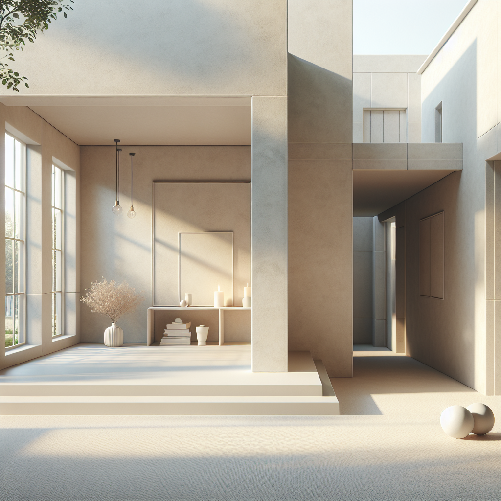 Create a photorealistic image in high-resolution displaying a minimalist Dutch home interior or exterior with a focus on a wall elegantly coated with professional stucco work. The ambiance of the illustration should complement realistic lighting that imparts a serene and inviting atmosphere. The color scheme should revolve around neutral tones like white, beige, and gray to anchor the modern aesthetic. No text or watermarks should be embedded in the image. Capture the essence of clean, contemporary Dutch home aesthetics.
