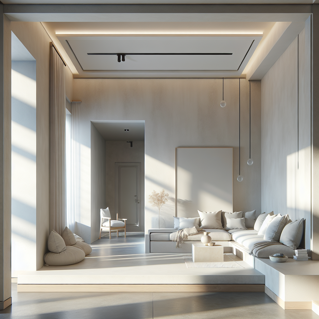 Generate a high-quality, professional image for a construction blog article. The image should depict a clean, modern interior or exterior wall with top-quality stucco work embodying a minimalist Dutch home aesthetic. Focus on neutral colors like white, beige, and grey, to highlight the professional craftsmanship. Include realistic lighting to enhance the photorealistic style and bring the structure to life. The image should not contain any text or watermarks.