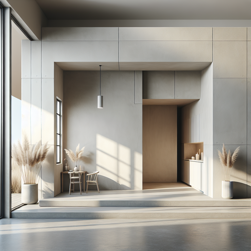 Generate a professional, high-quality image depicting a clean, minimalistic, and modern Dutch home's interior or exterior wall, boasting professional stucco work. The wall should display neutral colors such as white, beige, and grey, capturing the essence of a minimalist Dutch home aesthetic. There should be no text or watermarks on the image. The scene must be set under realistic lighting conditions, enhancing the features of the wall and the stucco work. Aim for a photorealistic style to concentrate on the professional finishes and intricate details.