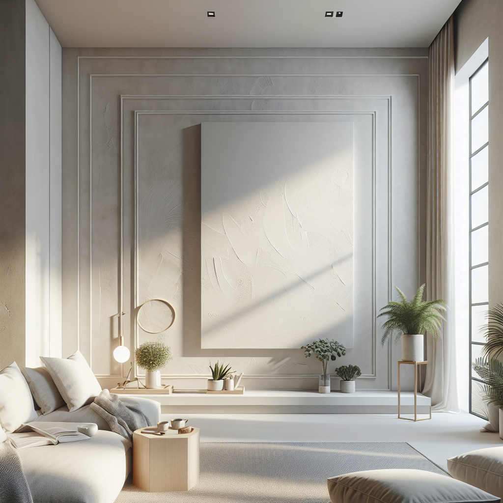Create a photorealistic image reflecting a Dutch minimalist home aesthetic with a focus on professional stucco work. The image should have an interior or exterior wall, either in a clean, modern style. Use neutral colors such as white, beige, and grey, and make sure there is realistic lighting that brings out the fine details of the wall texture. Do not add any text or watermarks to maintain the pure authenticity of the professional quality of the image.