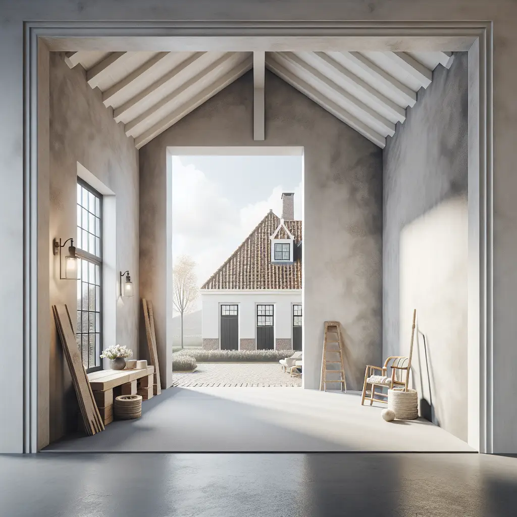 Create a professional, high-quality image depicting a Dutch construction theme. The scene should showcase a clean and modern interior or exterior wall with expertly applied stucco work. The color palette should be neutral, composed primarily of whites, beiges, and greys. Follow the minimalist approach intrinsic to Dutch home aesthetics. The scene needs to be well-lit, striving for realism with respect to the effects of light and shade. The image should not feature any text or watermarks and should present a photorealistic style.