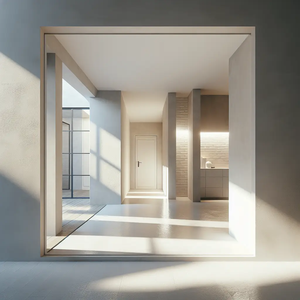 Generate a photorealistic image showcasing the quality of professional stucco work. The scene should show a clean, modern interior or exterior wall of a Dutch home, featuring expertly applied neutral-colored stucco in shades of white, beige, and grey. The lighting should be realistic, casting proper shadows and highlights on the wall to accentuate the texture of the stucco. Reflect the minimalist aesthetic akin to Dutch home interiors, focusing on simplicity and functionality. There should be no text or watermarks present on the image.