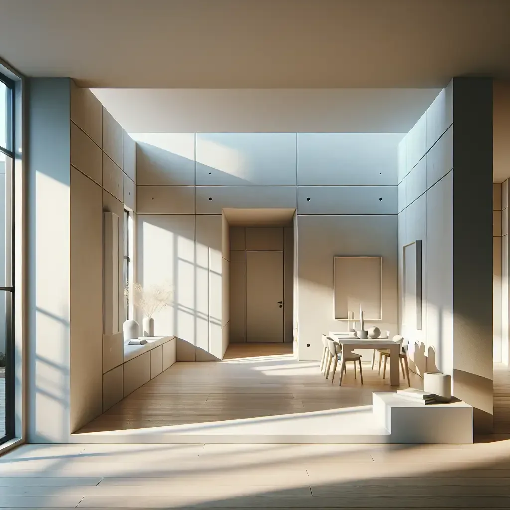 Generate an image of a clean, modern interior or exterior wall featuring professional stucco work, befitting a Dutch construction article. The wall should exist within a minimalist Dutch home, painted in neutral shades of white, beige, and grey. The image should be lit realistically, embodying a sense of professionalism and authenticity. The aesthetic should reflect a high-quality, modern Dutch home with immaculate stucco work, void of any text or watermarks. The style of the image should be photorealistic.