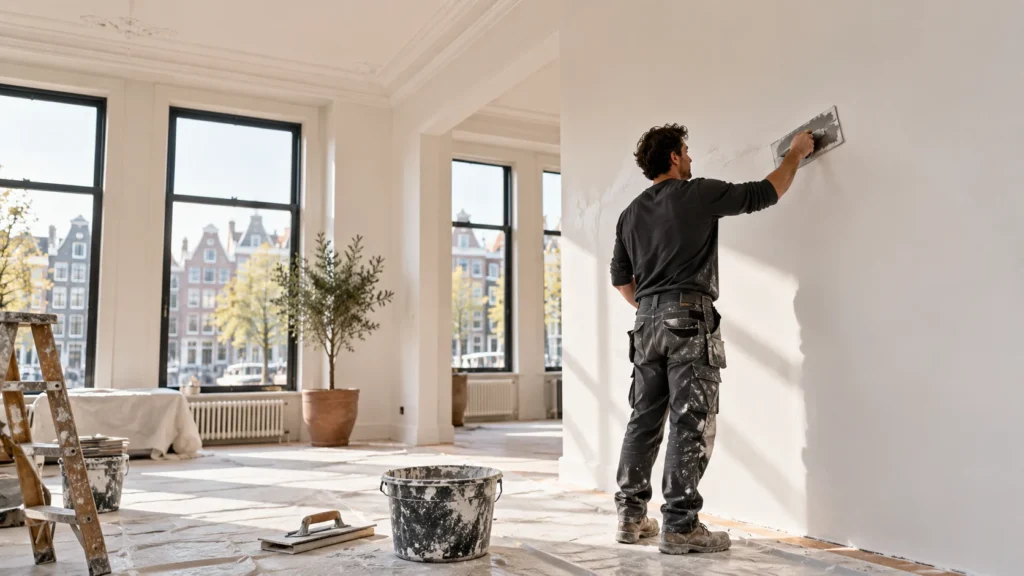 Stukadoor werkt een gladde wand af in een Amsterdams interieur